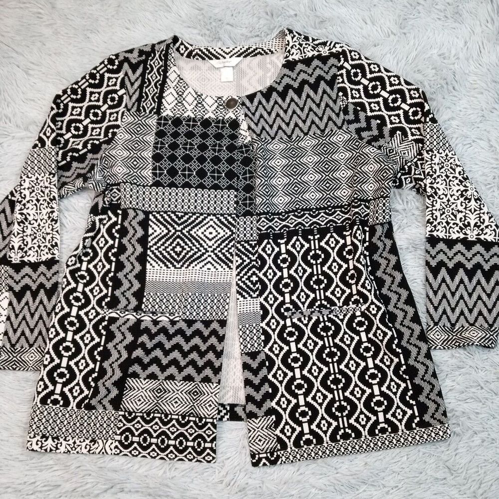 CJ Banks Sweater Womens X Black White Cardigan Pockets One Button Geometric
